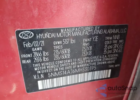 2021 Hyundai Santa Fe Se из США, поврежденный, VIN 5NMS14AJ6MH330395